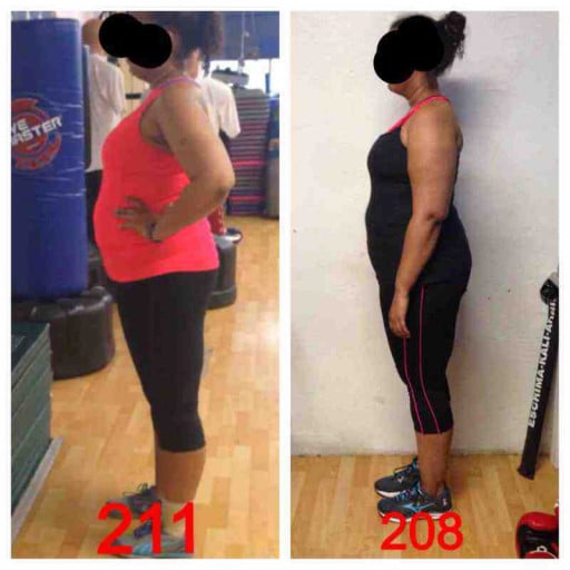 A photo of a 5'6" woman showing a weight cut from 211 pounds to 208 pounds. A net loss of 3 pounds.