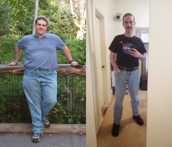 A before and after photo of a 6'0" male showing a weight reduction from 300 pounds to 160 pounds. A net loss of 140 pounds.