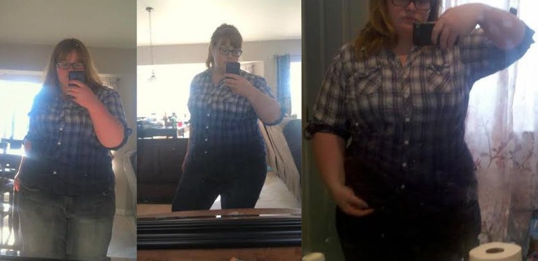 A before and after photo of a 5'6" female showing a weight reduction from 298 pounds to 273 pounds. A total loss of 25 pounds.