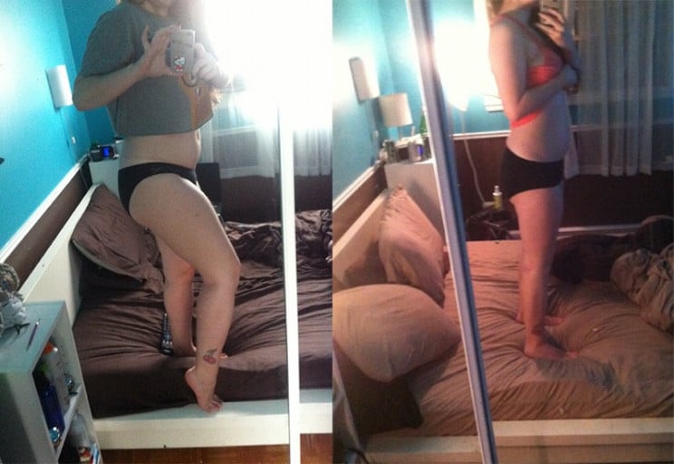 A progress pic of a 5'4" woman showing a fat loss from 174 pounds to 143 pounds. A respectable loss of 31 pounds.