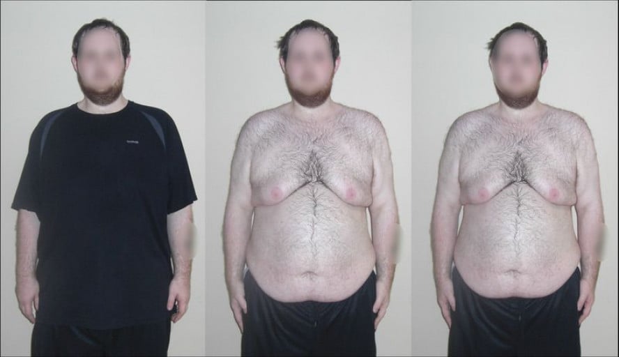 A progress pic of a 6'1" man showing a weight loss from 330 pounds to 267 pounds. A total loss of 63 pounds.