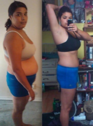 A picture of a 5'8" female showing a weight loss from 235 pounds to 190 pounds. A net loss of 45 pounds.