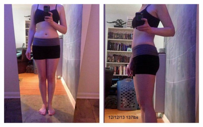 A progress pic of a 5'6" woman showing a weight reduction from 162 pounds to 137 pounds. A respectable loss of 25 pounds.