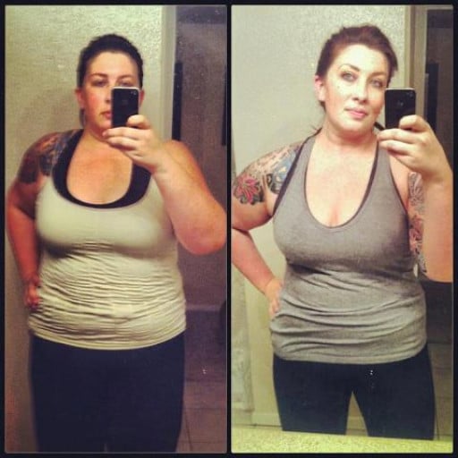 A progress pic of a 5'10" woman showing a fat loss from 293 pounds to 253 pounds. A respectable loss of 40 pounds.