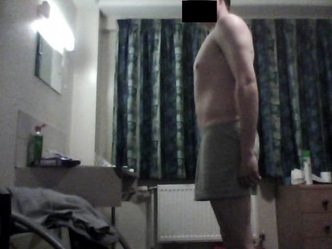 A before and after photo of a 5'10" male showing a snapshot of 156 pounds at a height of 5'10