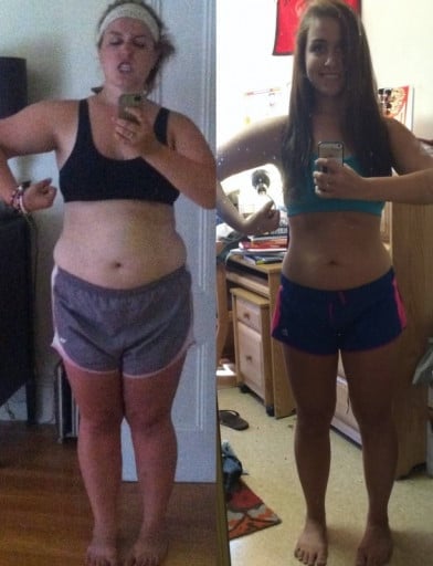 A before and after photo of a 5'7" female showing a weight reduction from 220 pounds to 150 pounds. A respectable loss of 70 pounds.