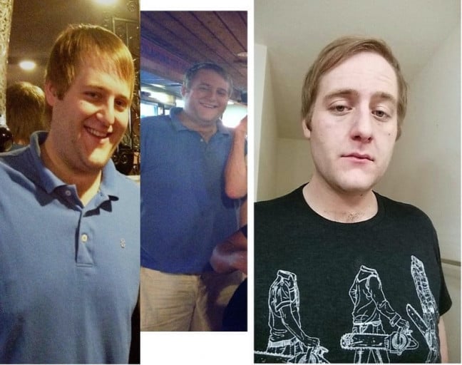 A progress pic of a 6'5" man showing a fat loss from 308 pounds to 235 pounds. A respectable loss of 73 pounds.