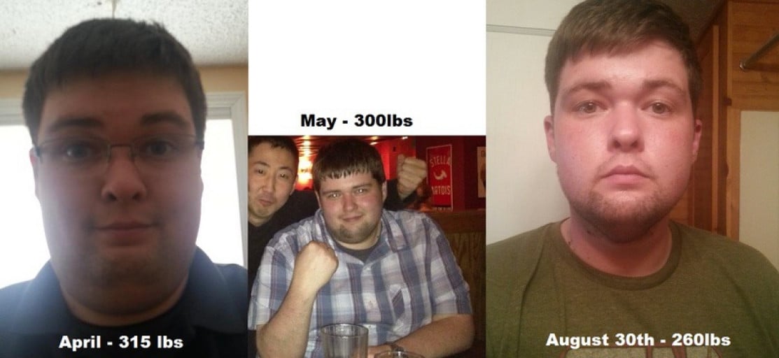 A progress pic of a 6'1" man showing a fat loss from 315 pounds to 260 pounds. A total loss of 55 pounds.