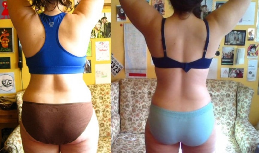 A before and after photo of a 5'6" female showing a weight loss from 196 pounds to 166 pounds. A respectable loss of 30 pounds.