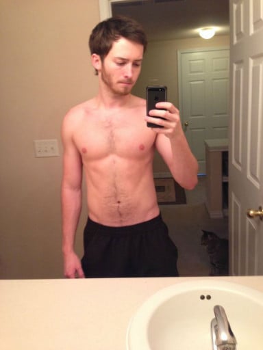 A progress pic of a 5'8" man showing a weight cut from 165 pounds to 143 pounds. A net loss of 22 pounds.