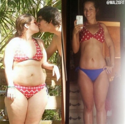 A photo of a 5'4" woman showing a weight reduction from 217 pounds to 120 pounds. A net loss of 97 pounds.