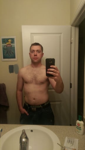 A picture of a 5'10" male showing a fat loss from 215 pounds to 175 pounds. A net loss of 40 pounds.