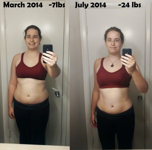 A before and after photo of a 5'8" female showing a weight loss from 184 pounds to 158 pounds. A total loss of 26 pounds.