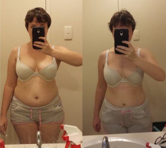 A picture of a 5'1" female showing a fat loss from 158 pounds to 141 pounds. A respectable loss of 17 pounds.