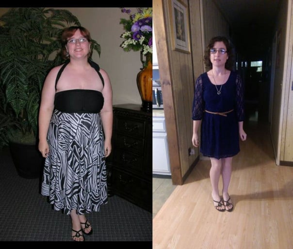 A picture of a 5'1" female showing a weight loss from 210 pounds to 125 pounds. A net loss of 85 pounds.
