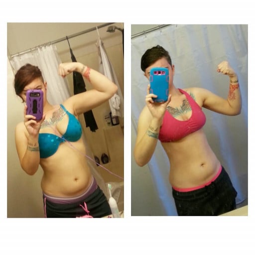 A picture of a 5'8" female showing a weight loss from 160 pounds to 142 pounds. A net loss of 18 pounds.
