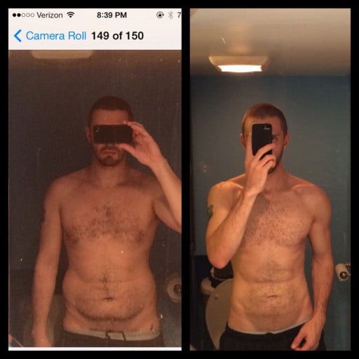 A picture of a 5'11" male showing a weight loss from 195 pounds to 165 pounds. A net loss of 30 pounds.