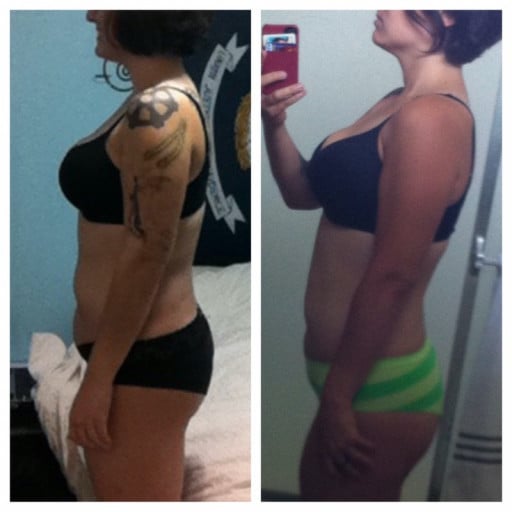 A before and after photo of a 5'6" female showing a weight cut from 215 pounds to 145 pounds. A net loss of 70 pounds.