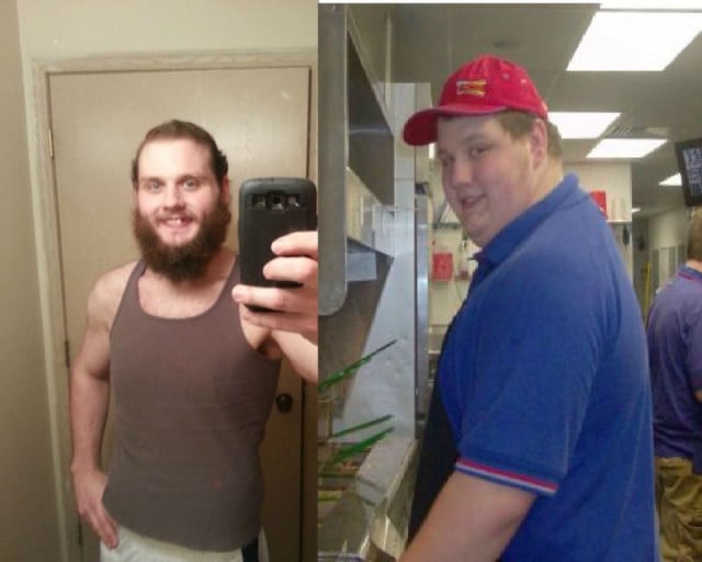 A progress pic of a 5'10" man showing a fat loss from 300 pounds to 182 pounds. A net loss of 118 pounds.