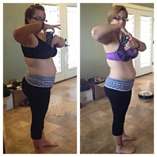 A before and after photo of a 5'0" female showing a weight cut from 180 pounds to 164 pounds. A total loss of 16 pounds.
