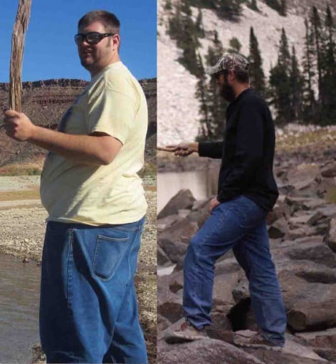 A before and after photo of a 6'7" male showing a weight reduction from 390 pounds to 245 pounds. A total loss of 145 pounds.