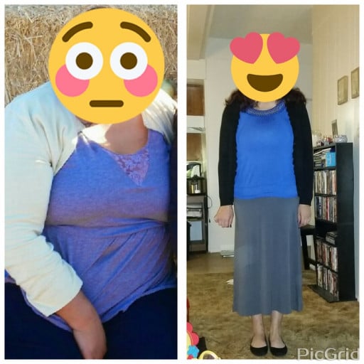A progress pic of a 5'9" woman showing a fat loss from 363 pounds to 184 pounds. A total loss of 179 pounds.