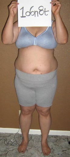 A photo of a 5'3" woman showing a snapshot of 229 pounds at a height of 5'3