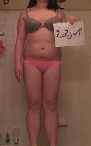 A before and after photo of a 5'5" female showing a snapshot of 174 pounds at a height of 5'5
