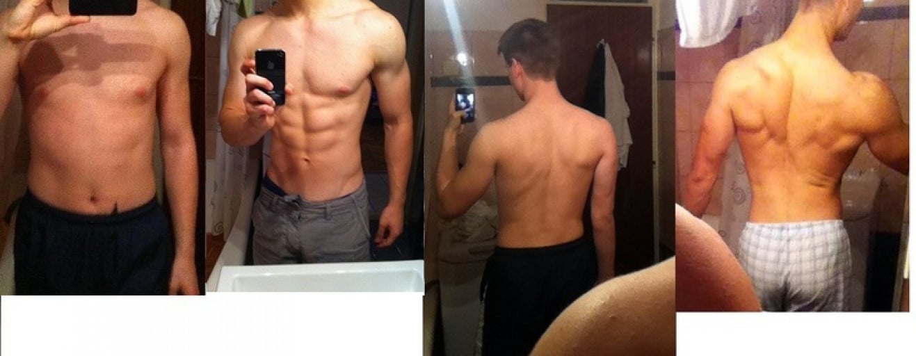 A before and after photo of a 5'11" male showing a weight bulk from 152 pounds to 170 pounds. A total gain of 18 pounds.