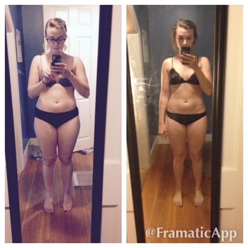 A picture of a 5'4" female showing a fat loss from 142 pounds to 127 pounds. A net loss of 15 pounds.
