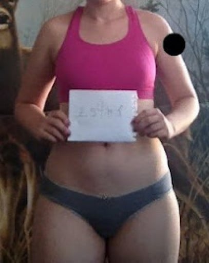 A before and after photo of a 5'8" female showing a snapshot of 163 pounds at a height of 5'8
