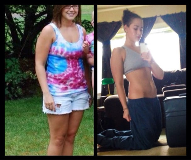 A before and after photo of a 5'4" female showing a weight reduction from 165 pounds to 135 pounds. A respectable loss of 30 pounds.