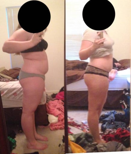 A photo of a 5'5" woman showing a weight cut from 235 pounds to 215 pounds. A total loss of 20 pounds.