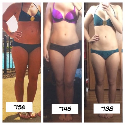 A before and after photo of a 5'6" female showing a fat loss from 156 pounds to 135 pounds. A net loss of 21 pounds.