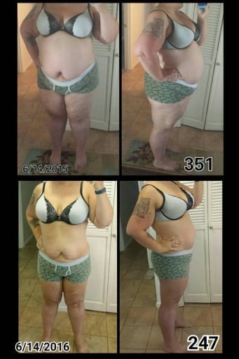A before and after photo of a 5'9" female showing a weight reduction from 351 pounds to 247 pounds. A respectable loss of 104 pounds.