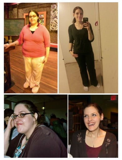 A progress pic of a 5'4" woman showing a fat loss from 250 pounds to 145 pounds. A total loss of 105 pounds.