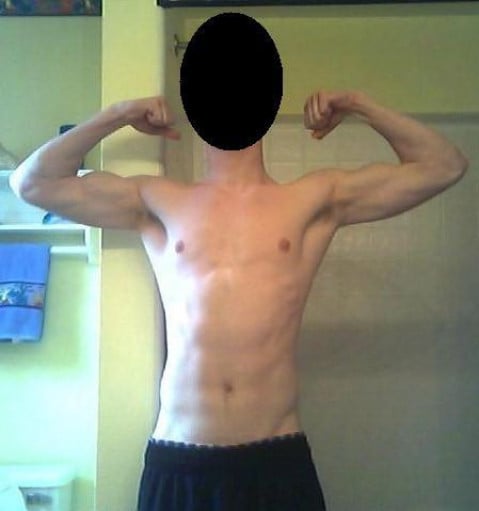 A progress pic of a 5'9" man showing a muscle gain from 128 pounds to 148 pounds. A net gain of 20 pounds.