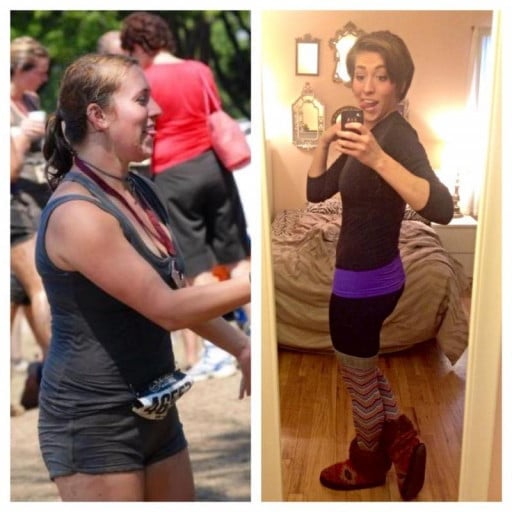 A progress pic of a 5'6" woman showing a fat loss from 165 pounds to 140 pounds. A total loss of 25 pounds.
