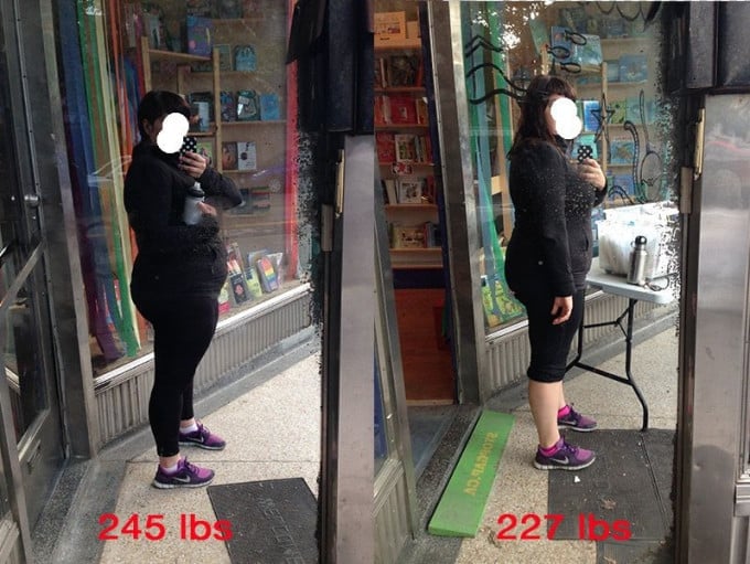 A photo of a 5'5" woman showing a weight cut from 245 pounds to 227 pounds. A net loss of 18 pounds.