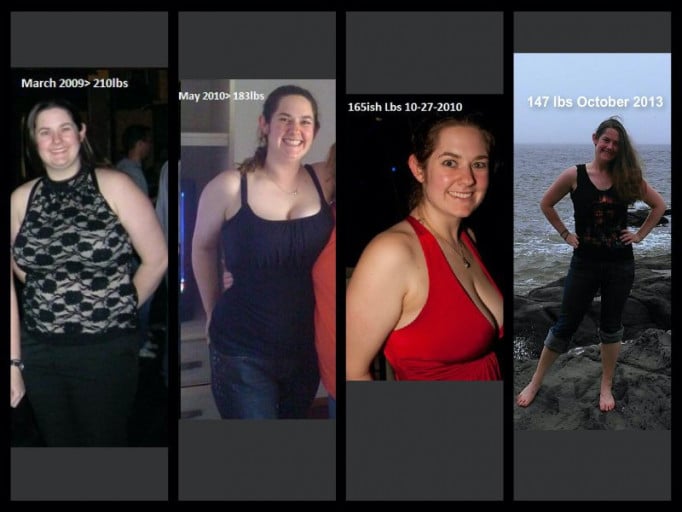 A picture of a 5'7" female showing a fat loss from 210 pounds to 147 pounds. A respectable loss of 63 pounds.