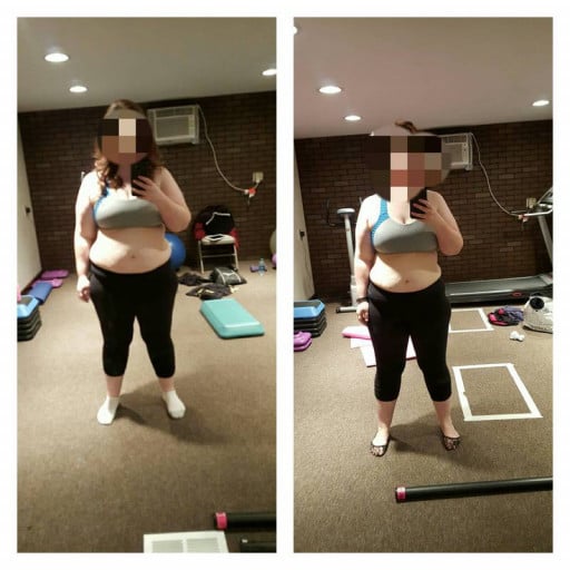 A picture of a 5'5" female showing a fat loss from 221 pounds to 188 pounds. A net loss of 33 pounds.