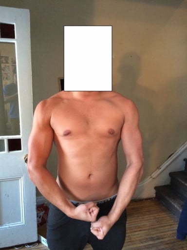 A progress pic of a 5'8" man showing a weight gain from 153 pounds to 165 pounds. A net gain of 12 pounds.