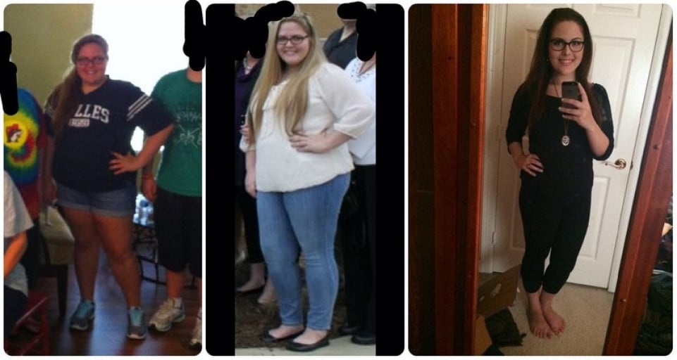 A progress pic of a 5'6" woman showing a weight reduction from 262 pounds to 162 pounds. A total loss of 100 pounds.