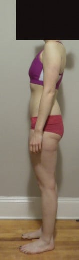 A before and after photo of a 5'8" female showing a snapshot of 145 pounds at a height of 5'8