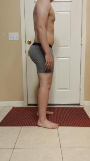A before and after photo of a 5'8" male showing a snapshot of 182 pounds at a height of 5'8