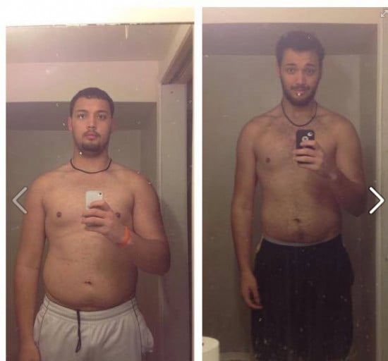 A before and after photo of a 6'7" male showing a weight reduction from 300 pounds to 245 pounds. A respectable loss of 55 pounds.