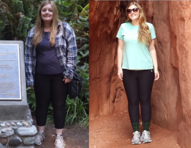 A picture of a 5'4" female showing a weight loss from 215 pounds to 165 pounds. A respectable loss of 50 pounds.