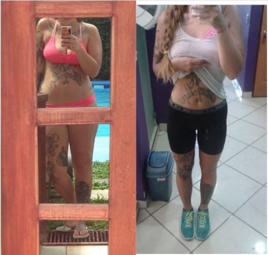 A picture of a 5'5" female showing a weight loss from 152 pounds to 132 pounds. A respectable loss of 20 pounds.
