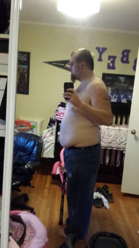 A progress pic of a 6'4" man showing a weight reduction from 388 pounds to 208 pounds. A total loss of 180 pounds.