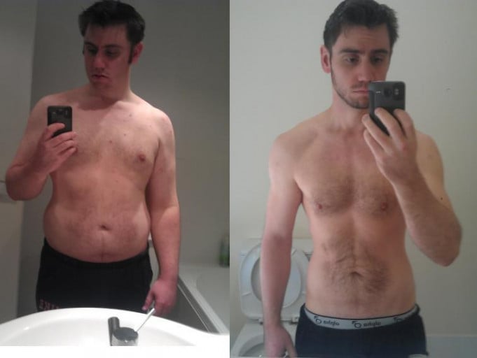A progress pic of a 5'10" man showing a fat loss from 220 pounds to 167 pounds. A total loss of 53 pounds.